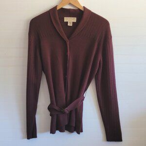 Jones New York Country Cardigan Womens M petite Burgundy Belted Wool Vintage